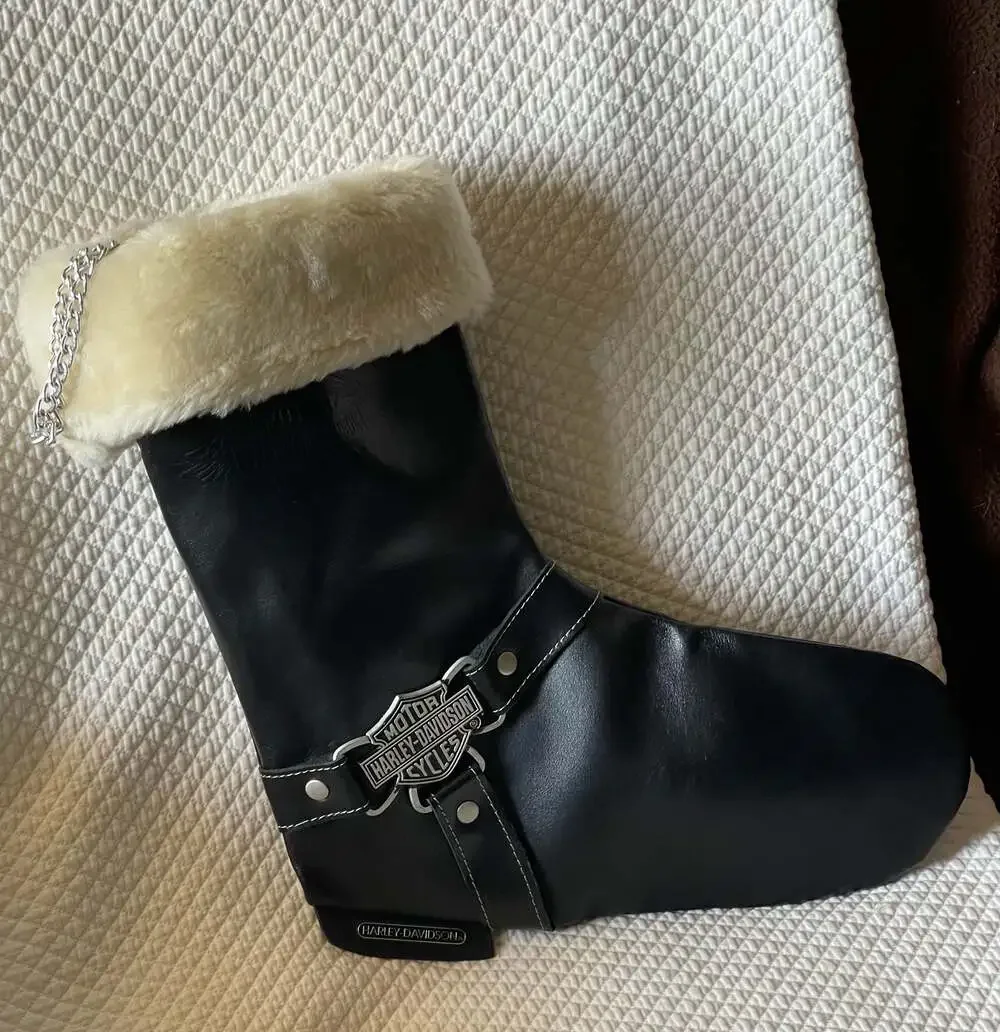 VTG 1997 Harley Davidson Christmas Stocking Black Faux Leather Fur Boot